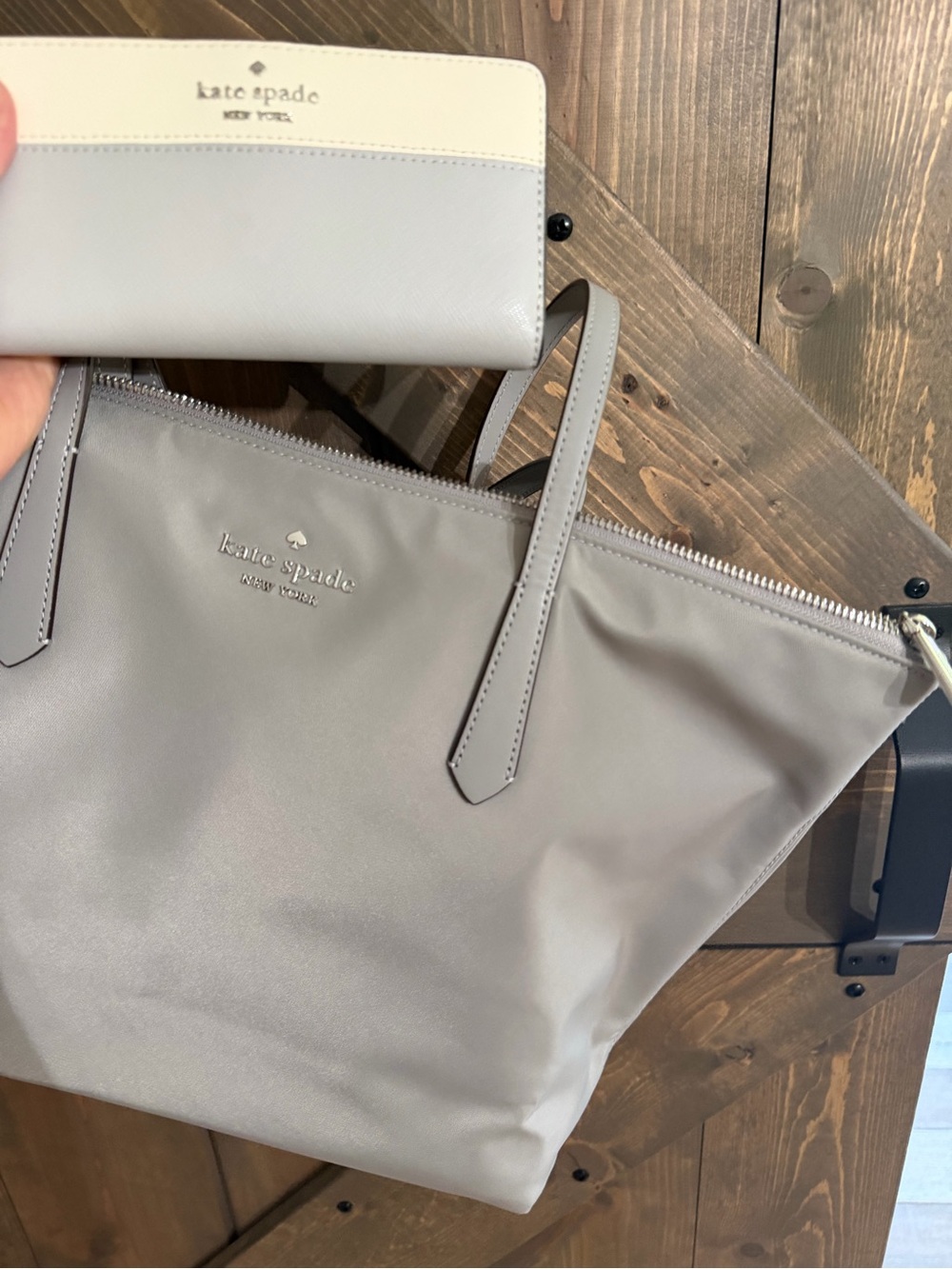 kate spade gray/silver nylon tote with wallet